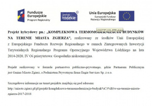 Plakat informacyjny dotyczący kompleksowej termomodernizacji budynków na terenie Miasta Zgierza