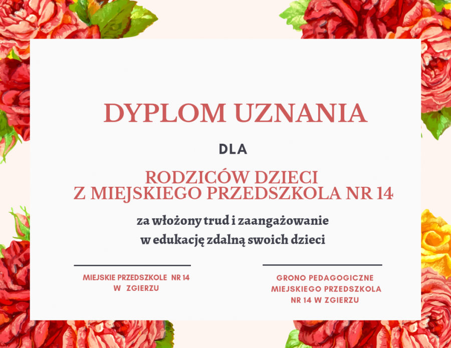 dyplom uznania dla Rodziców