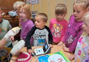 Pani stomatolog pokauje dzieciom jak wygląda szczęka