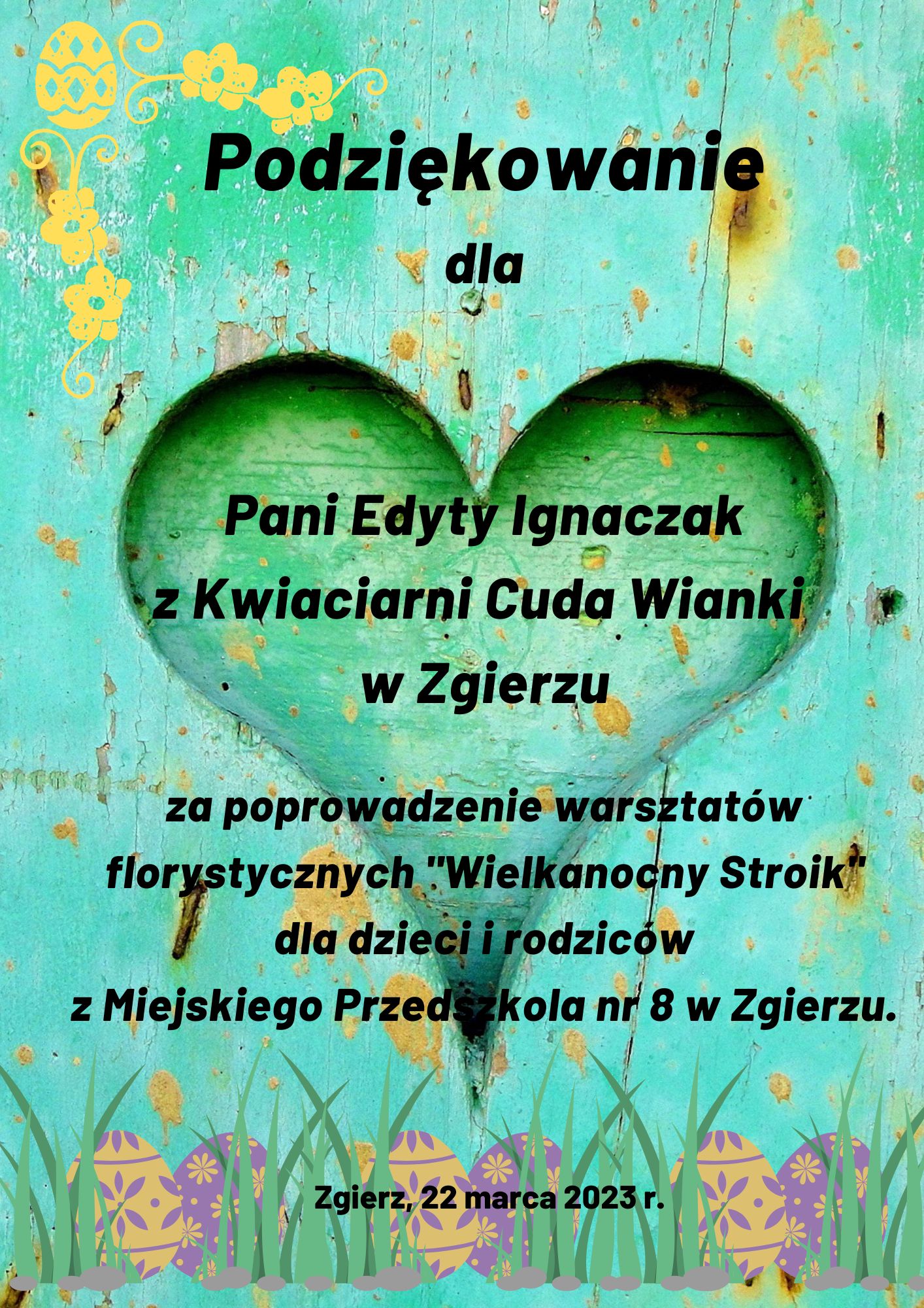 Podziękowanie za przeprowadzenie warsztatów florystycznych