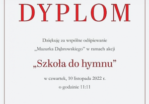 Dyplom z podziękowaniem za udział w akcji śpiewania hymnu