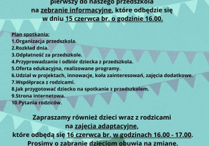 Grafika - informacja na temat zebrania i zajęć adaptacyjnych