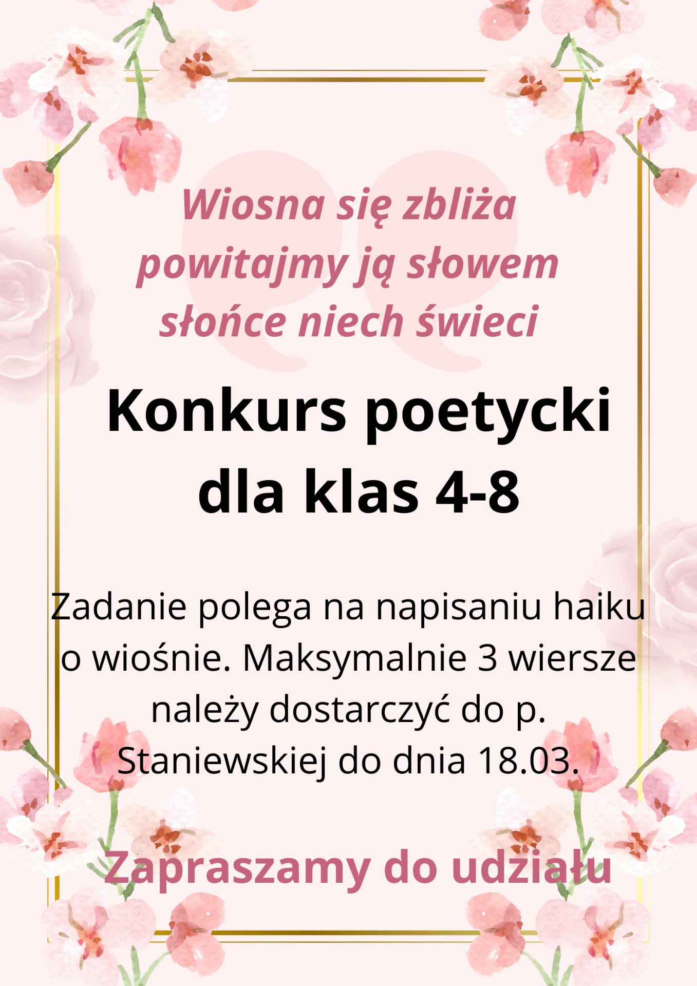 Zapraszamy uczniów klas 4-8 do wzięcia udziału w kolejnym konkursie, tym razem poetyckim!  - Obrazek 1