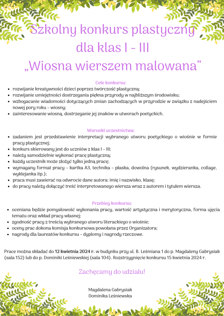 Szkolny konkurs plastyczny dla klas 1 3 Wiosna wierszem malowana